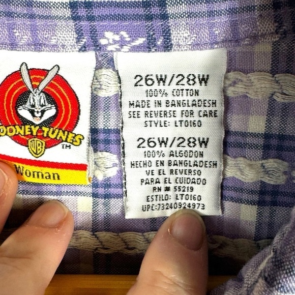 Looney Tunes Vintage Tweety Embroidered Button Up Top, Lilac Plaid, Size 26/28W - Picture 6 of 11